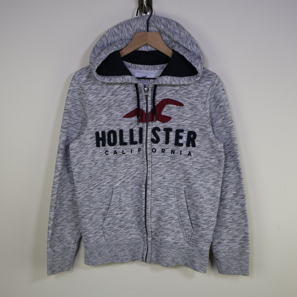 Hollister California Full Zip Hoodie XS Grey Space Dye Fleece Y2K Surf Logo